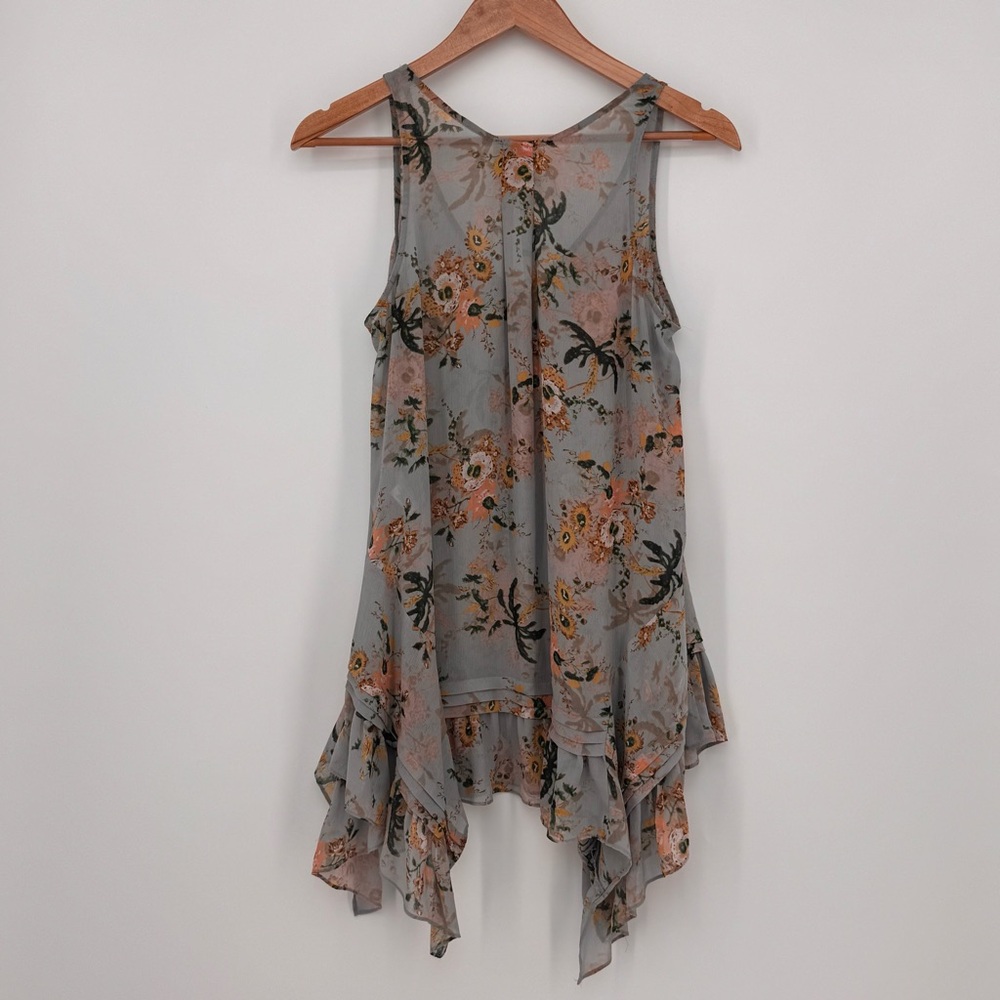 Anthropologie Maeve Magda‎ Gauze Floral Handkerchief Tunic Top Size Small Gray - Picture 6 of 10